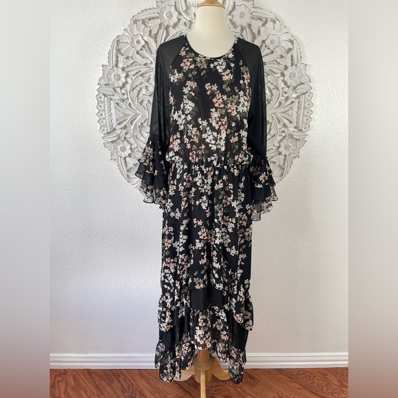 {MISA} Kateri Asymmetrical Black Floral Ruffle Tier Chiffon Maxi Dress, Size L - Picture 3 of 11